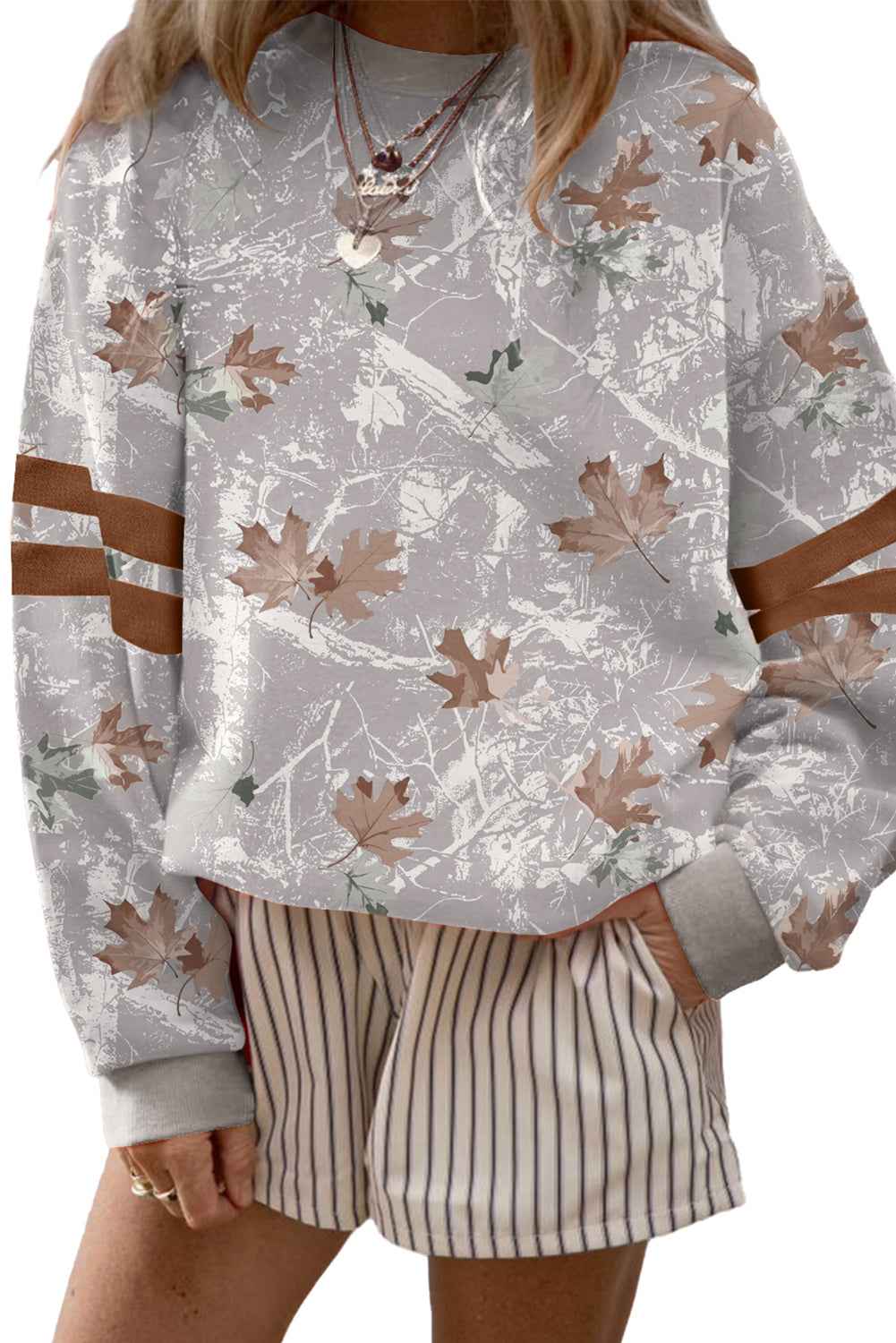 Gray Maple Leaf Camo Print Varsity Striped Sleeve Casual Sweatshirt Gray 100%Polyester f97f68ca57747b61