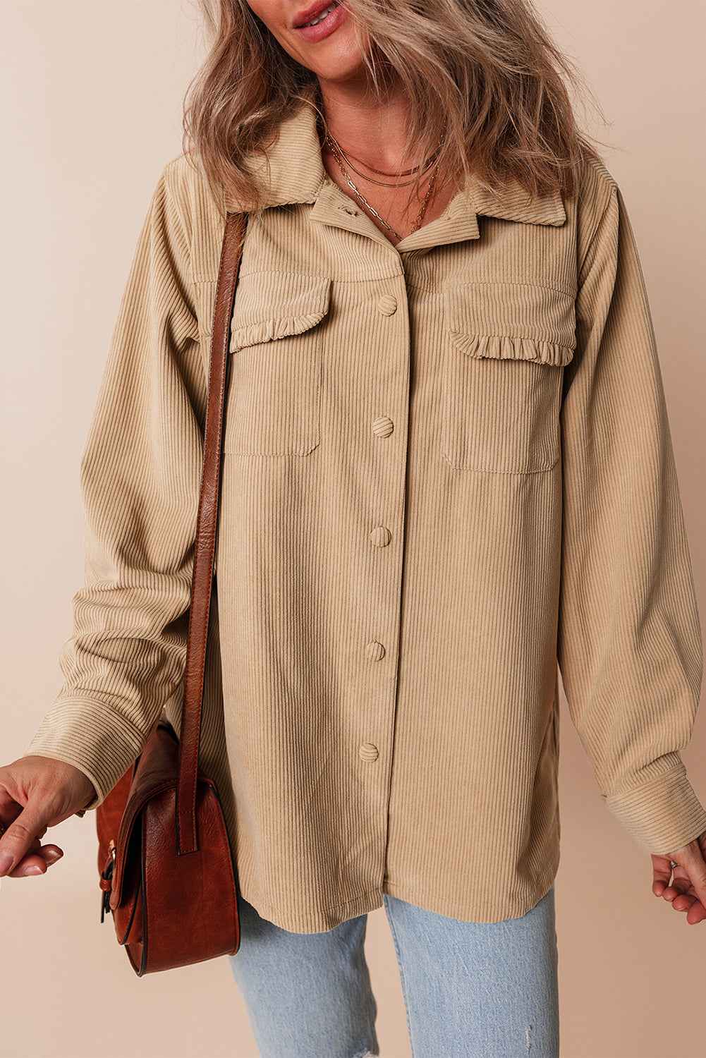 Light French Beige Corduroy Frilled Flap Pocket Button Up Shacket f9801b353d718bb0