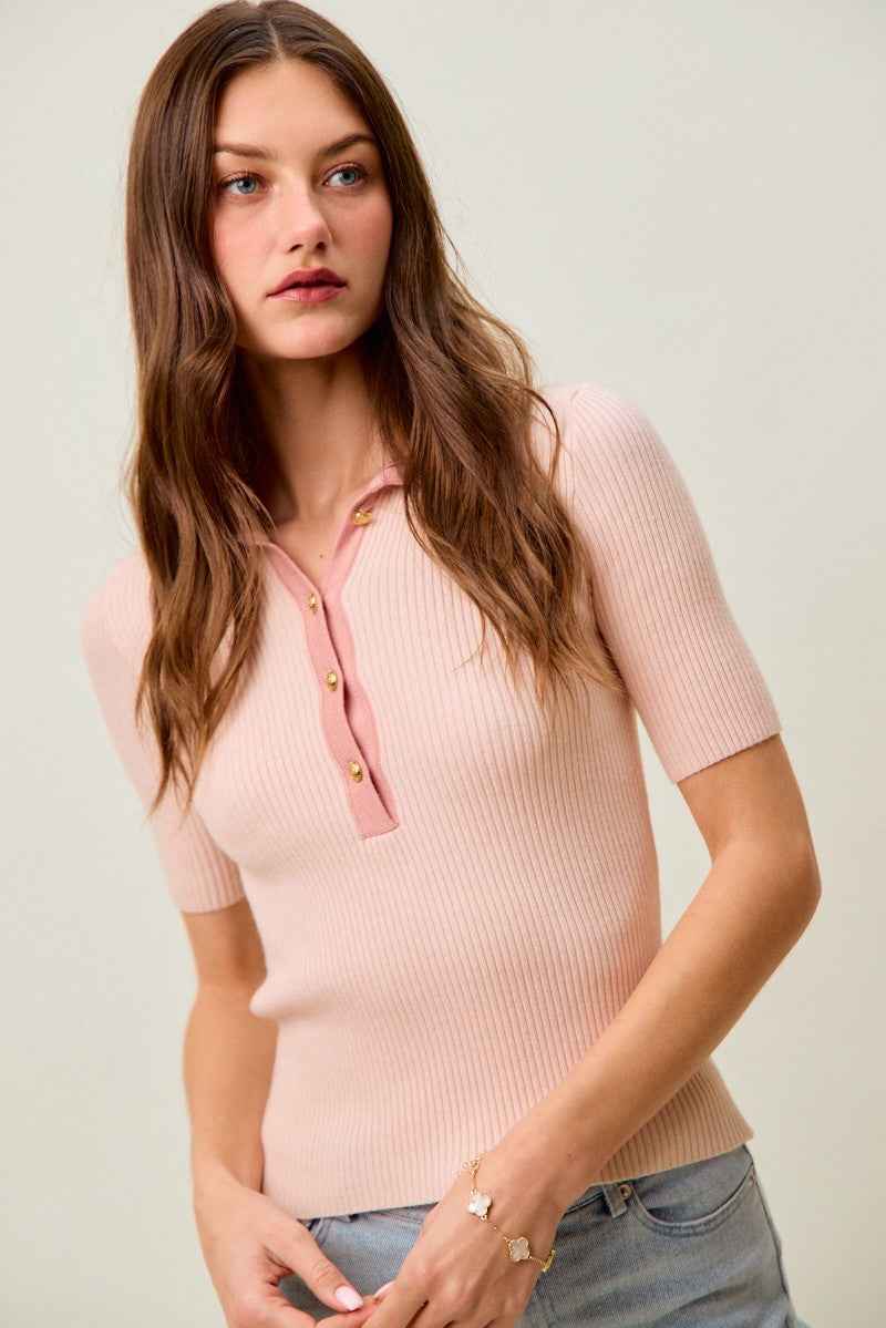 SO ME Contrast Collar Stretchy Rib Knit Short Sleeve Top f98462b25c7a40129e7c7f94d60501da-Max