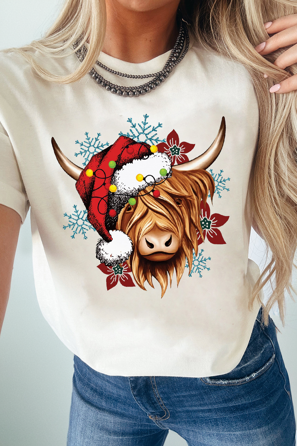 White Christmas Highland Ox Snowflake Print Womens T Shirt White 62%Polyester+32%Cotton+6%Elastane f987c3eeb1427c81