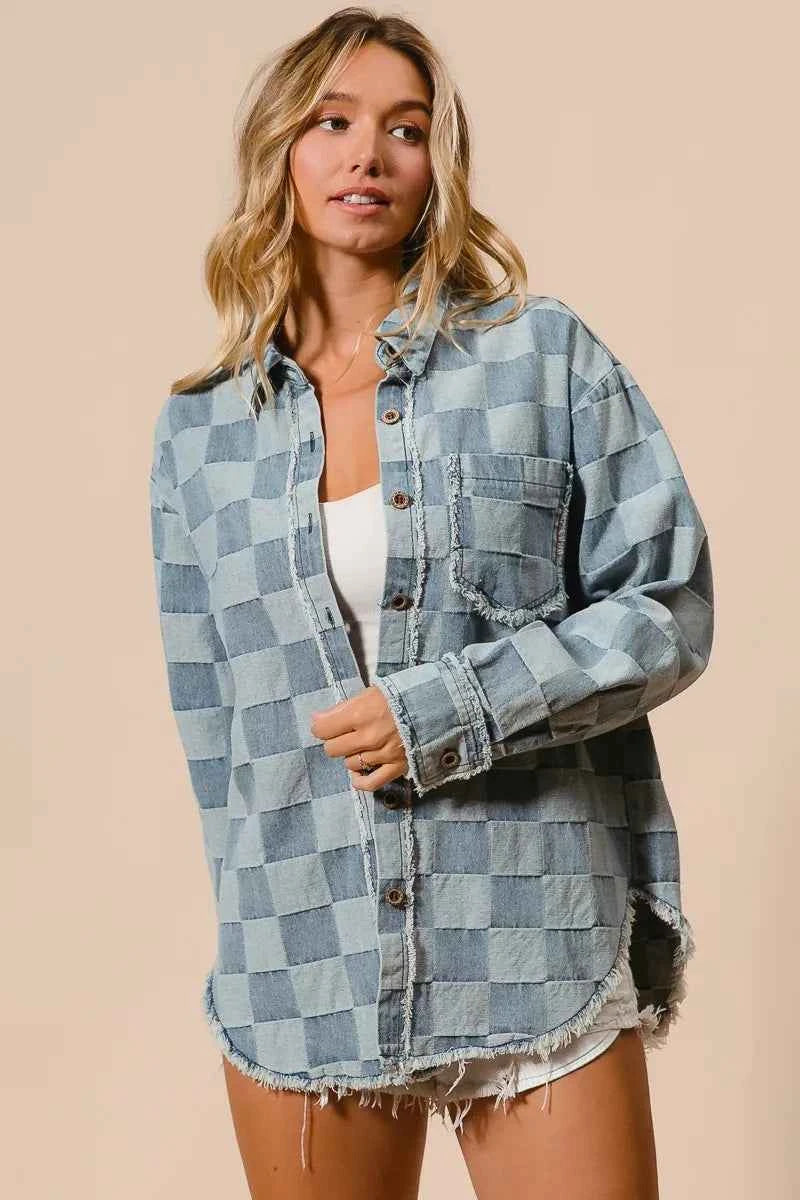 BiBi Frayed Edged Detail Washed Checker Denim Shirt f98b3a44e9164a129cc1d706475d5fa7-Max-Origin