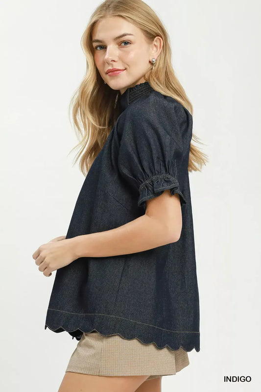 Chambray Puff Sleeve Scallop Hem Blouse f98cd6e3-57e1-445a-845d-27135e6a02e0-Max-Origin