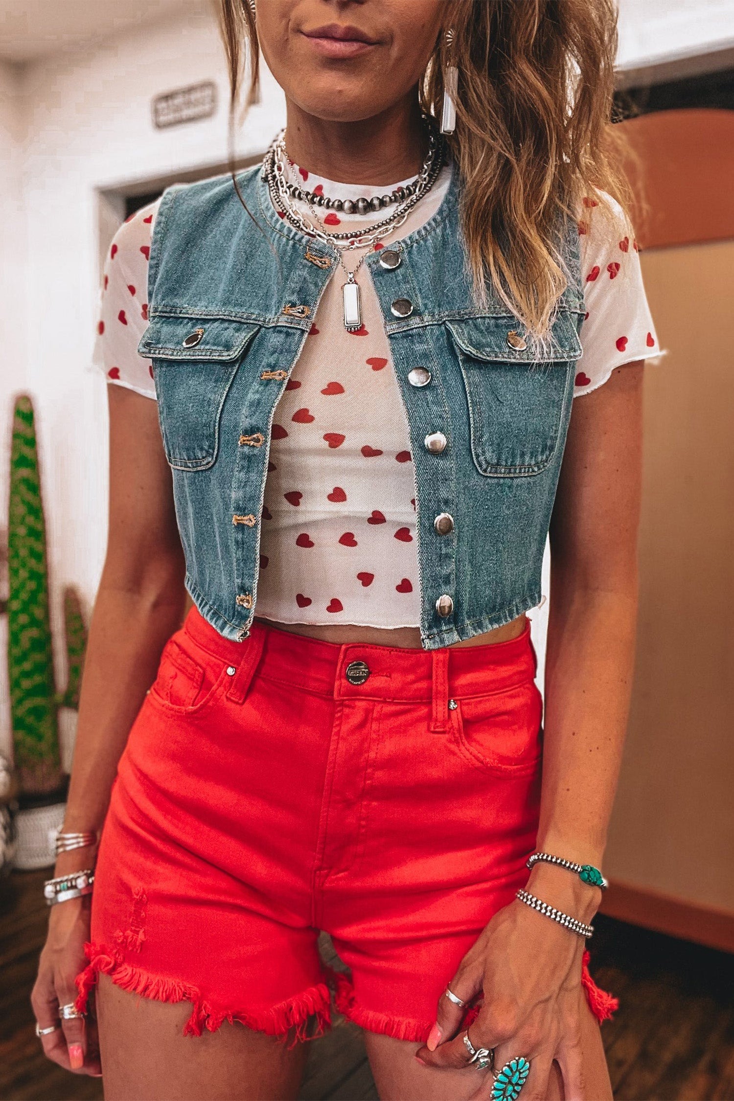 Racing Red Allover Heart Print Mesh Short Sleeve Top f9925812147b4215
