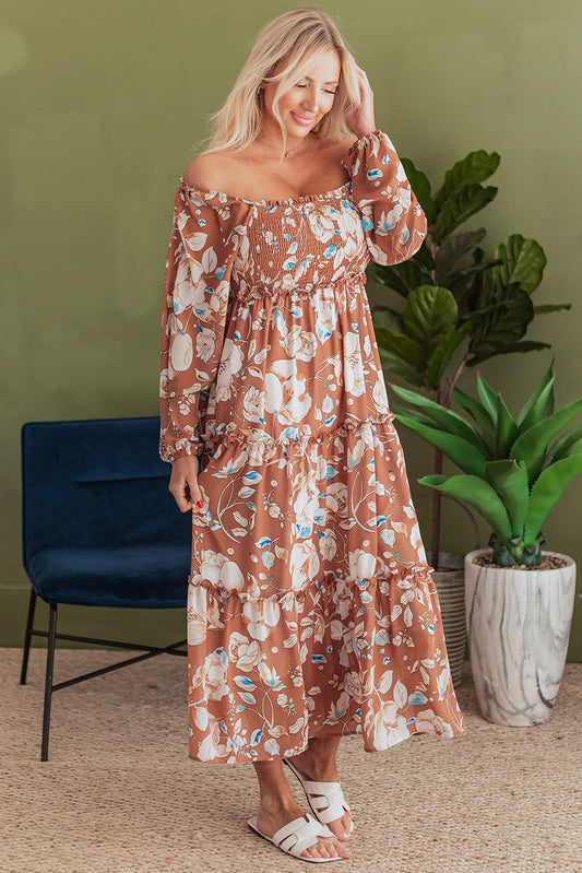 Brown Floral Print Shirred Square Neck High Waist Maxi Dress f9955b532b9a2b5b