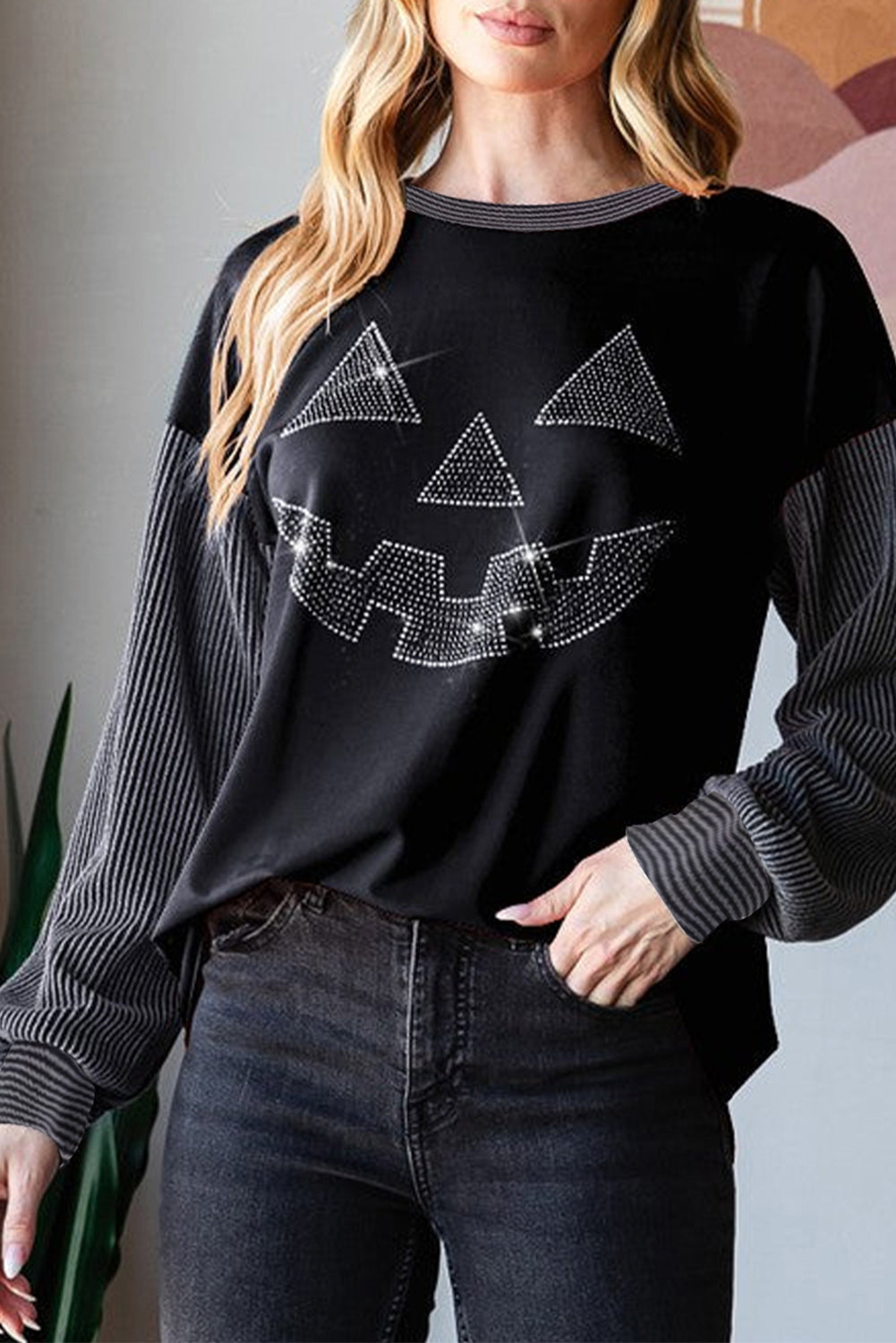 Black Halloween Rhinestone Pumpkin Contrast Ribbed Patchwork Top f9961cbb37bf4fe2