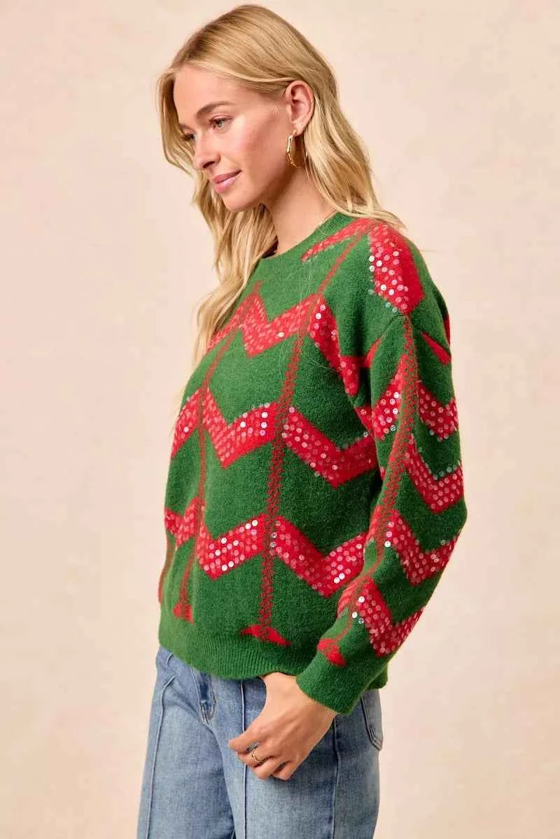 BiBi Christmas Theme Chevron Sequins Detail Sweater f9967a2b86a544e69b340117cece525e-Max-Origin