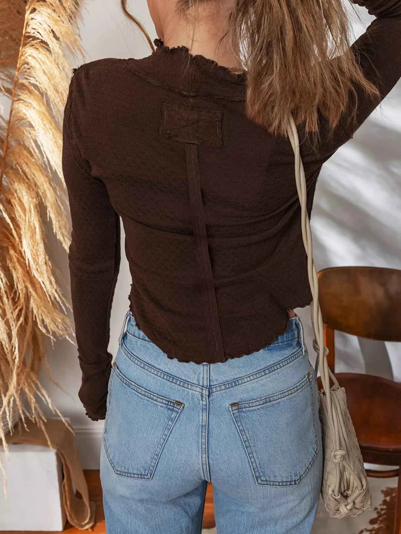 Lettuce Trim Raw Seam Patchwork Jacquard Long Sleeve Top f99cc848c5a34faf96b7f605aaf0d412-Max-Origin