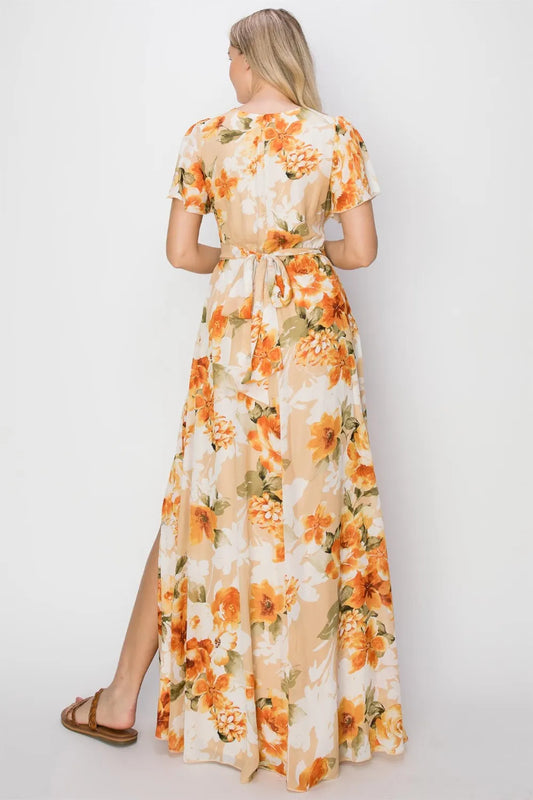 Floral Tie Back Short Sleeve Slit Maxi Dress f99dcbaa-22f0-4be7-a0b2-6036300b589d-Max