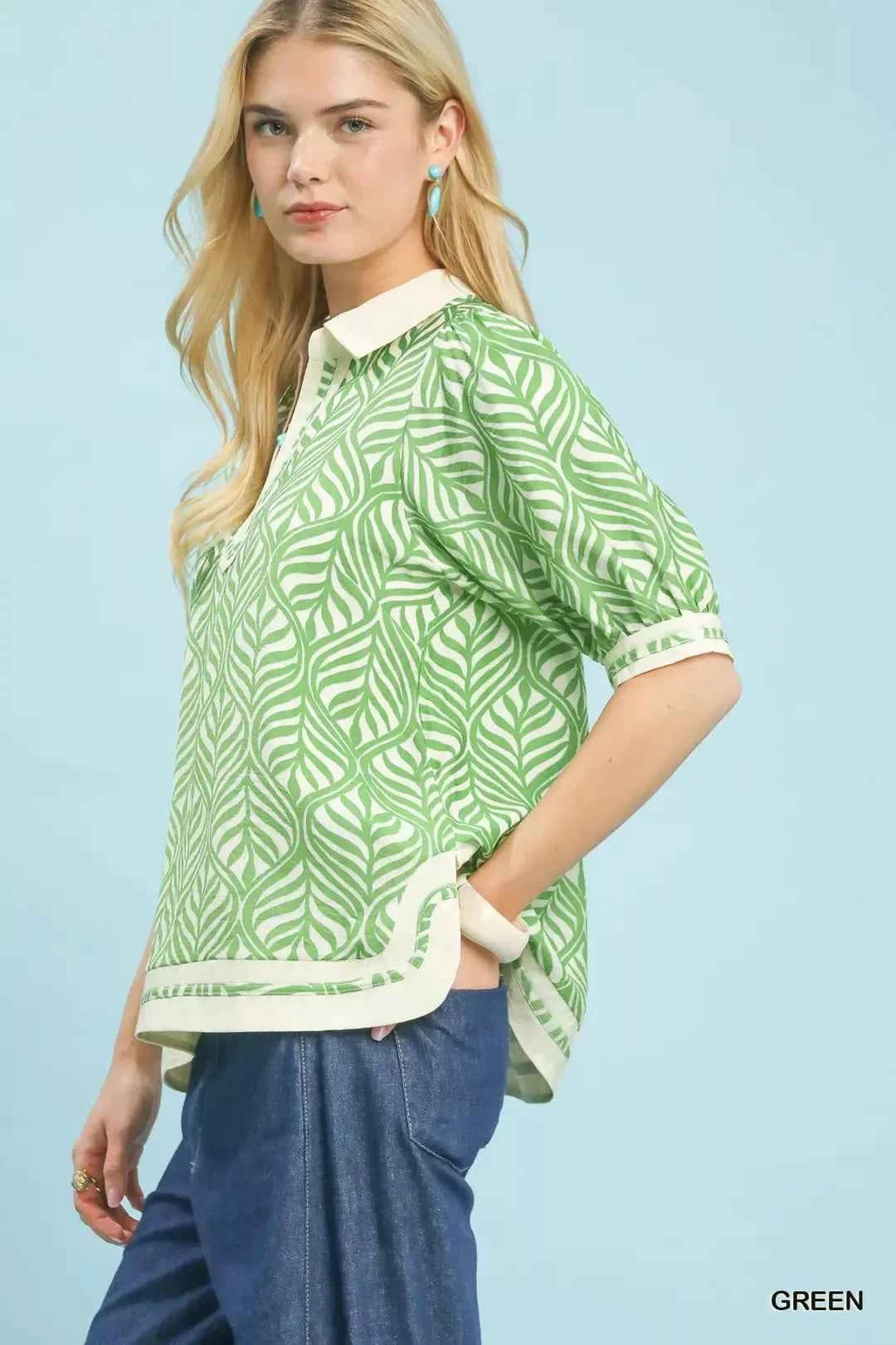 Umgee Geometric Leaf Print Popover Top f9a679c9-8c81-4ed5-8fbb-4804879c1812-Max-Origin