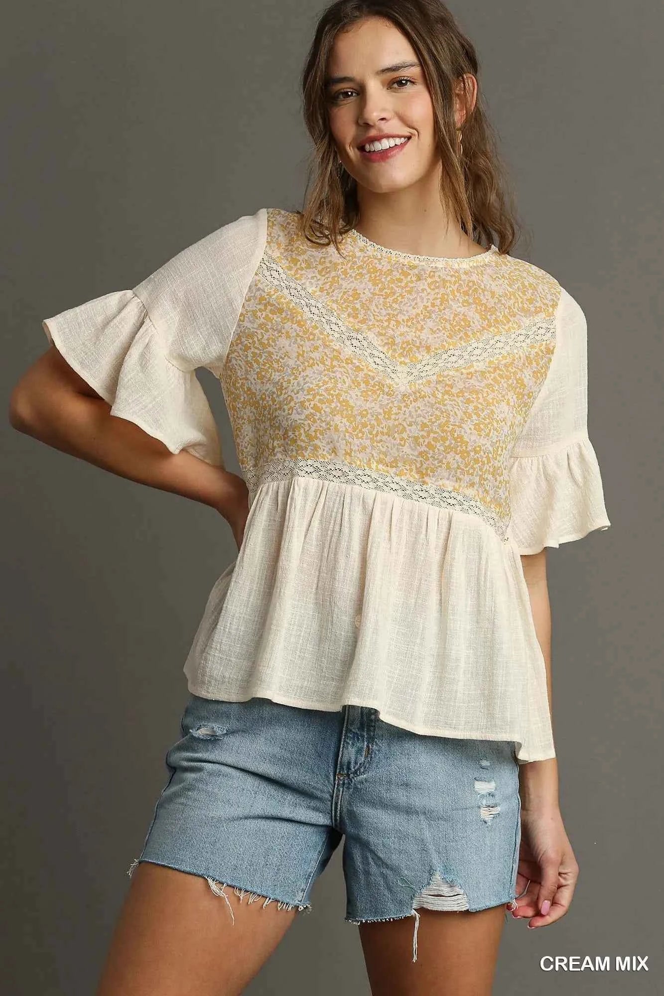Umgee Floral Lace Trimmed Detail Half Sleeve Babydoll Top CREAM MIX f9b263ff-1a27-4bff-a36f-b8162d44154f-Max-Origin