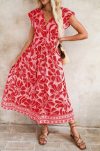 Red Boho Floral V-Neck Ruffle Shoulder Maxi Dress