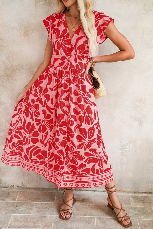 Red Boho Floral V-Neck Ruffle Shoulder Maxi Dress Red 100%Polyester f9b7b5401f0a83a7