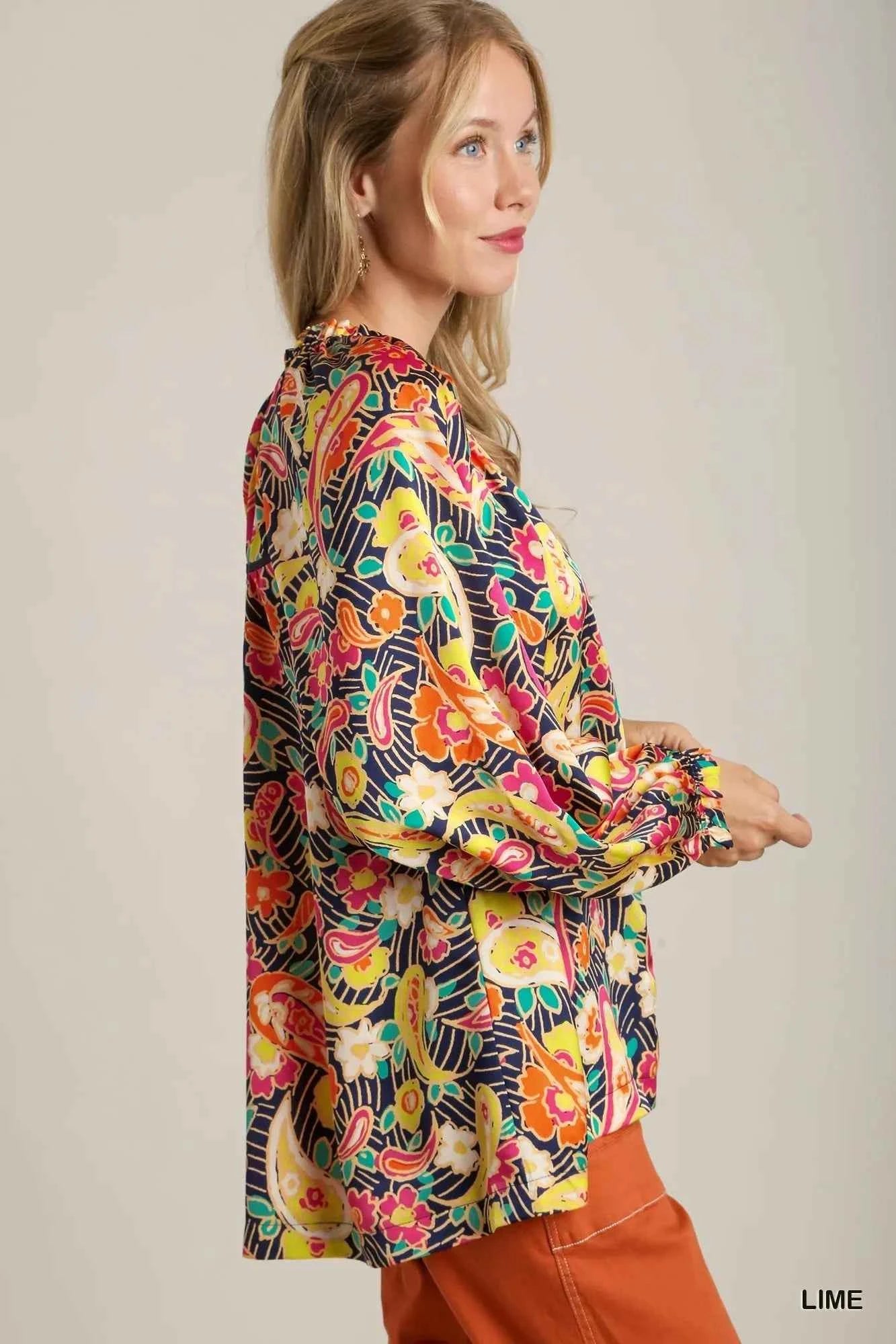 Umgee Full Size Satin Paisley Ruffle Neck Button-Up Shirt Plus Size f9b8a9ec-031c-487d-8899-427953e2f3de-Max-Origin