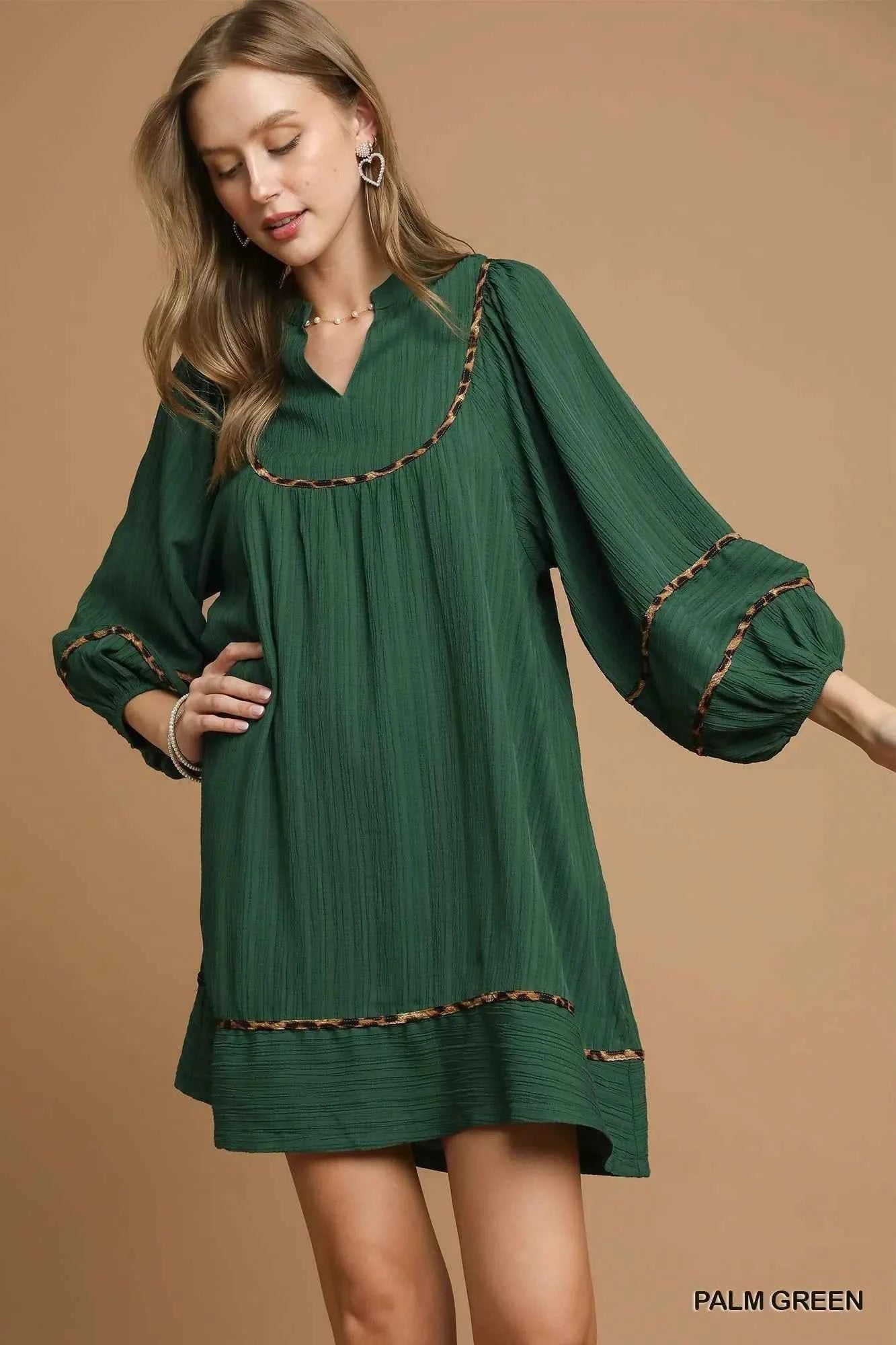 Umgee Textured Babydoll Dress with Leopard Trim PALM GREEN f9ba82df-c140-4802-bc29-9ab48affda69-Max-Origin
