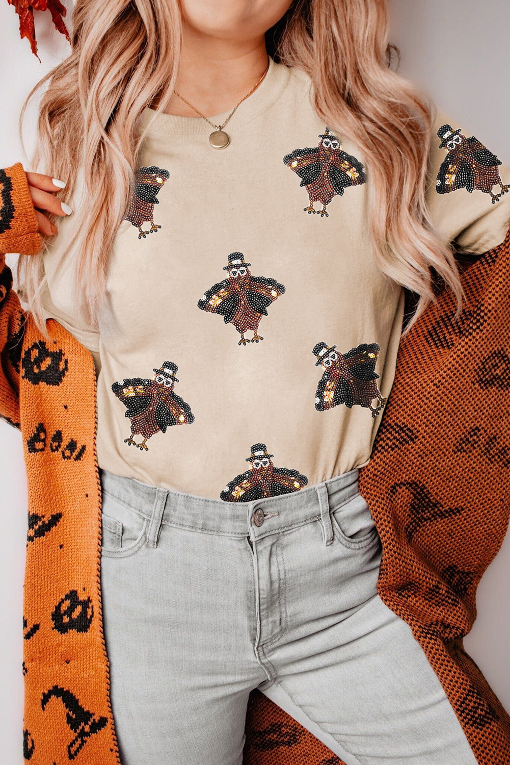 Black Sequin Turkey Patch Application Graphic Tee f9c2677cbf543f81