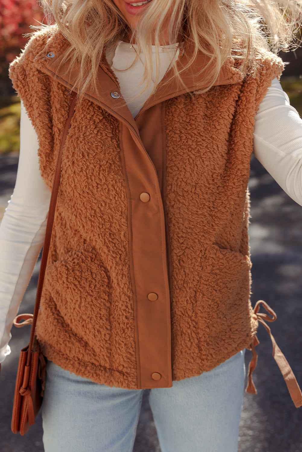 Beige Faux Fur Snap Button Front Knot Side Plush Vest f9c31bc3dc57cbfc