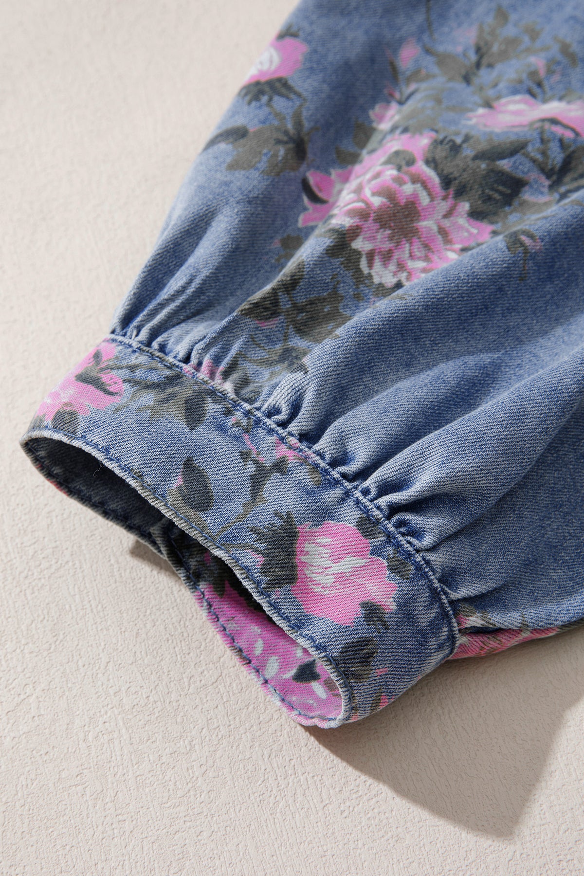 Blue Bracelet Sleeve Floral Denim Shirt f9c37cc513c7994d