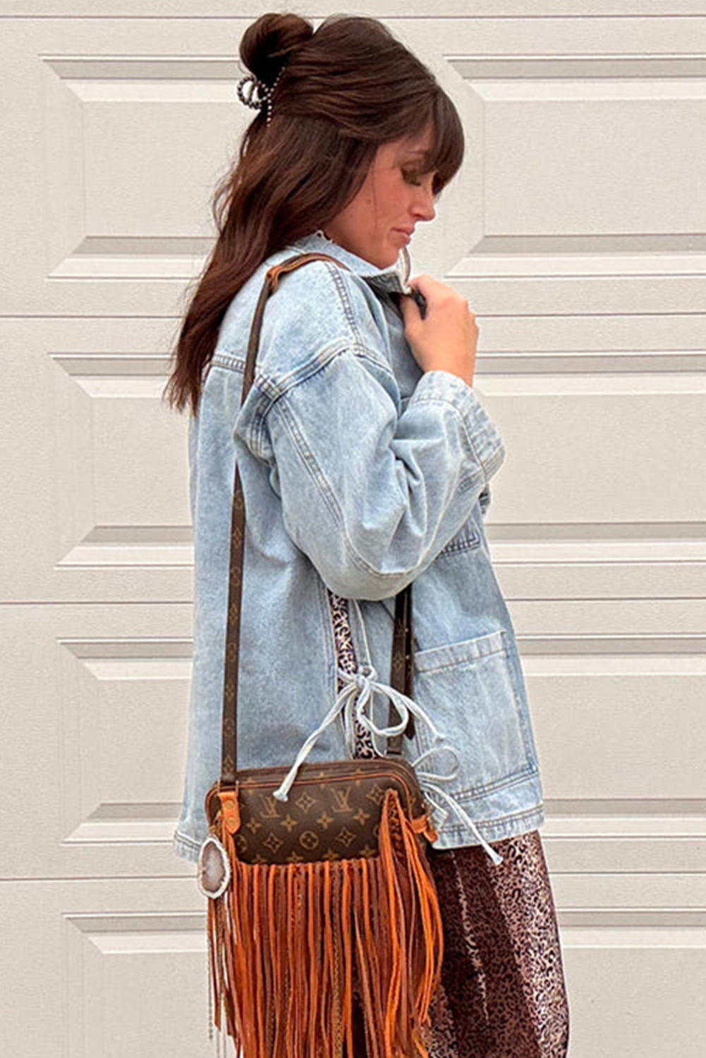 Beau Blue Multi Patched Pockets Side Tie up Boyfriend Style Denim Jacket f9cbd34f89841cf4