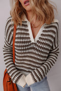 Brown Stripe Eyelet Hollow-out Contrast Collared Pullover Chic Sweater Brown Stripe 100%Acrylic f9cefc3478143726