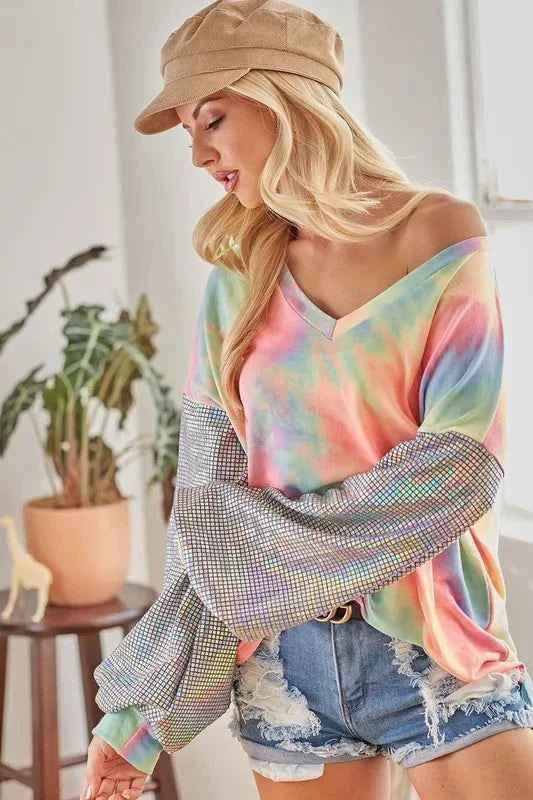 BiBi V Neck Tie Dye French Terry Top with Shiny f9d334daf950410aa15abf320542ded0-Max-Origin