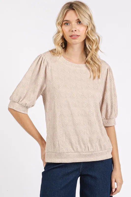 Mittoshop Fan Shell Texture Short Puff Sleeve Knit Top Tan f9ddbd4b-c64e-422c-94e5-a78e06b87364-Max