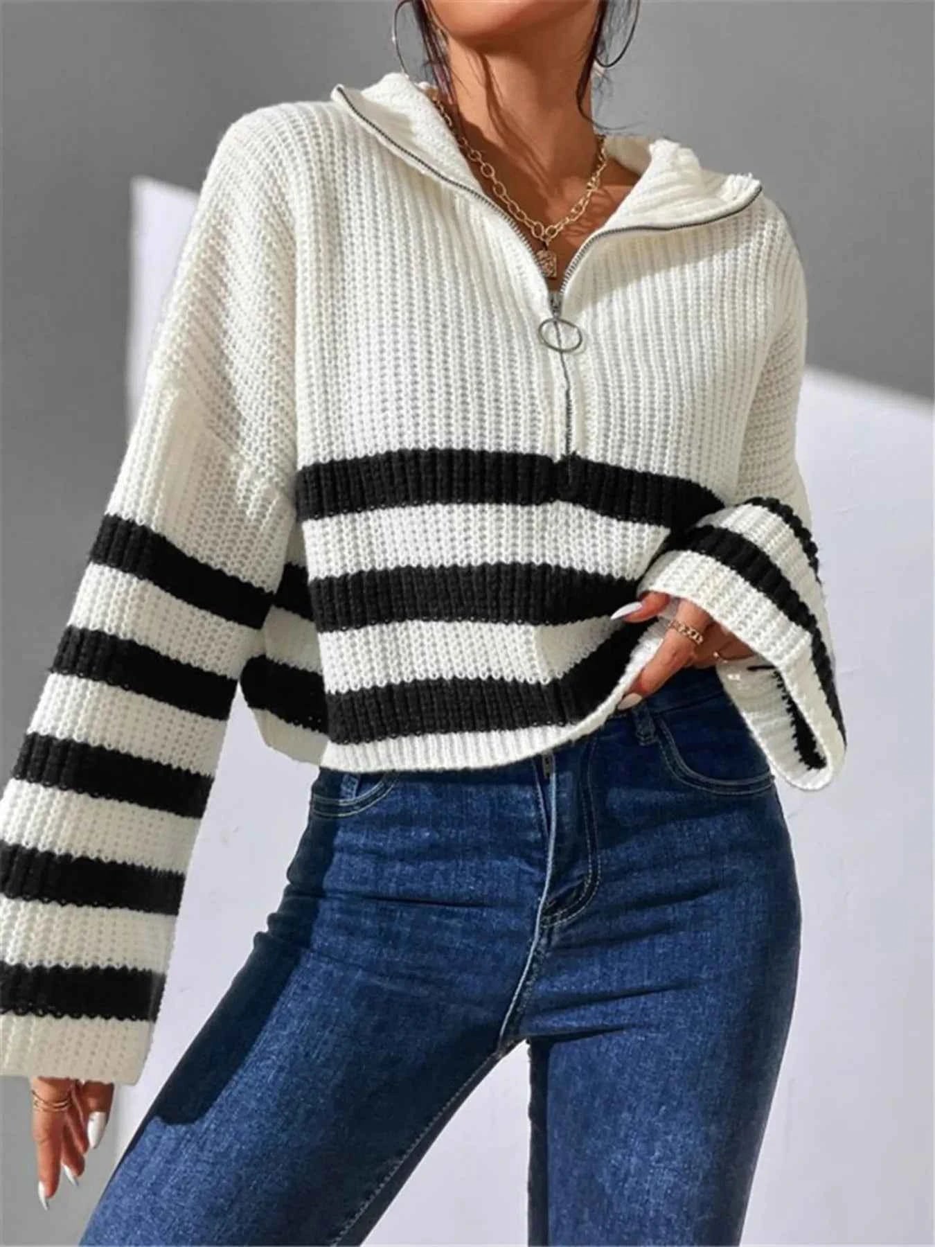 Striped Half Zip Cropped Sweater