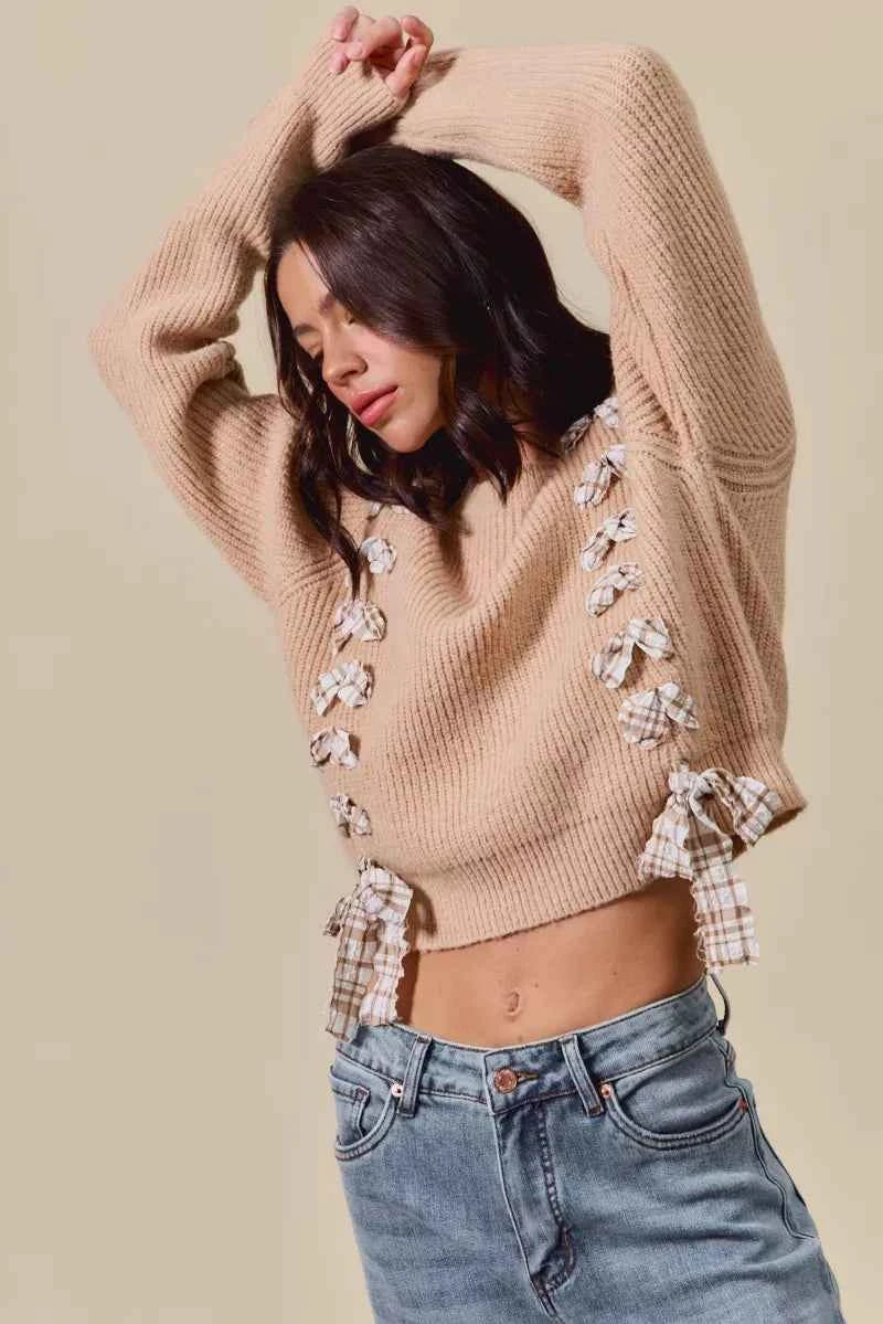 SO ME Checkered Plaid Tape Lace Up Ribbed Sweater f9e20930149f4bb18f41bb75f81dc29c-Max-Origin