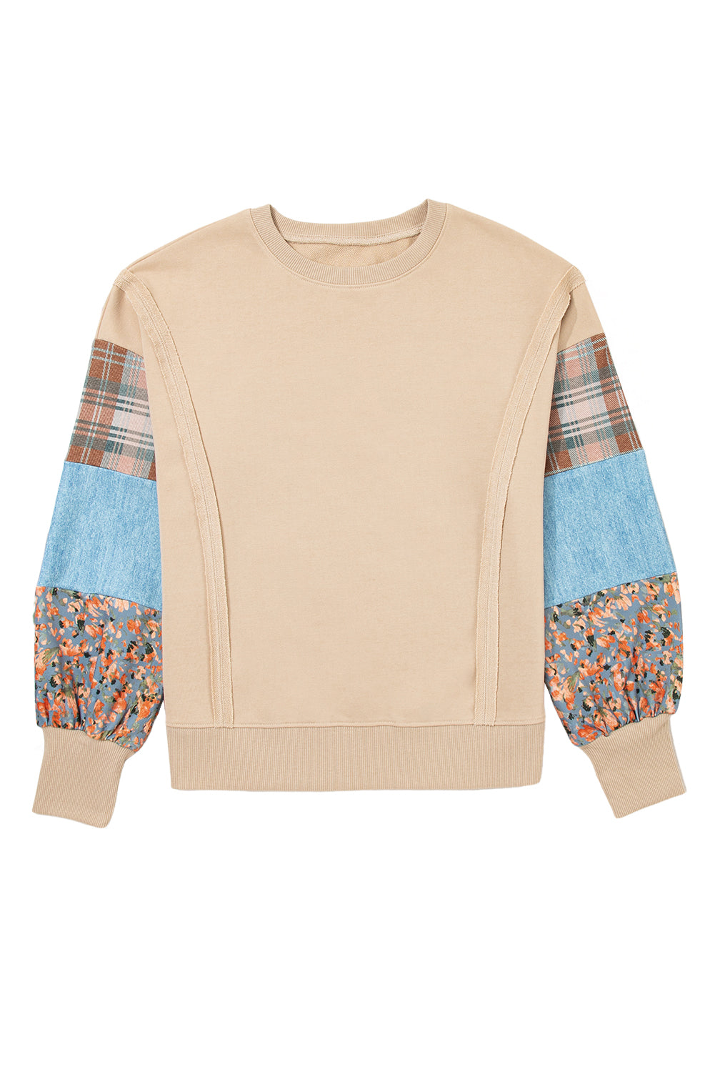Smoke Gray Plaid Patchwork Sleeve Raw Seam Sweatshirt f9e24cdae7f1c0c8