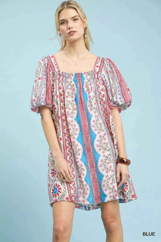 Umgee Mixed Print Puff Sleeve Mini Dress BLUE f9e672a6-4e6c-40a1-9580-38ce12088e85-Max-Origin