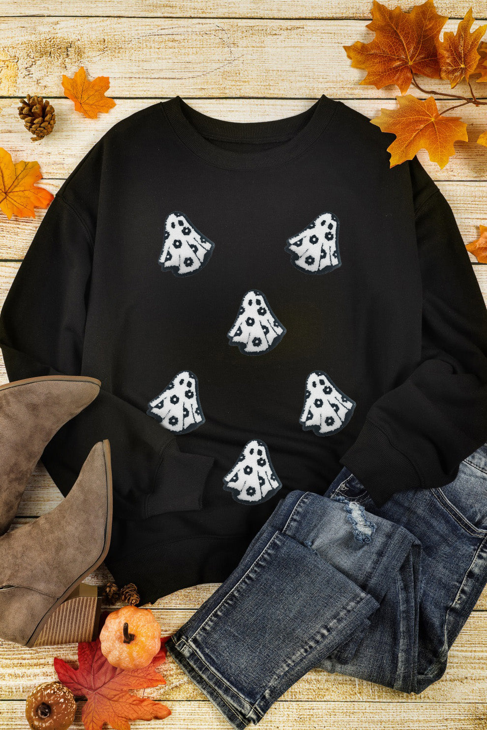 Black Playful Halloween Ghost Terry Flocking Loose Pullover Sweatshirt Black 50%Polyester+50%Cotton f9e825f98a882b92