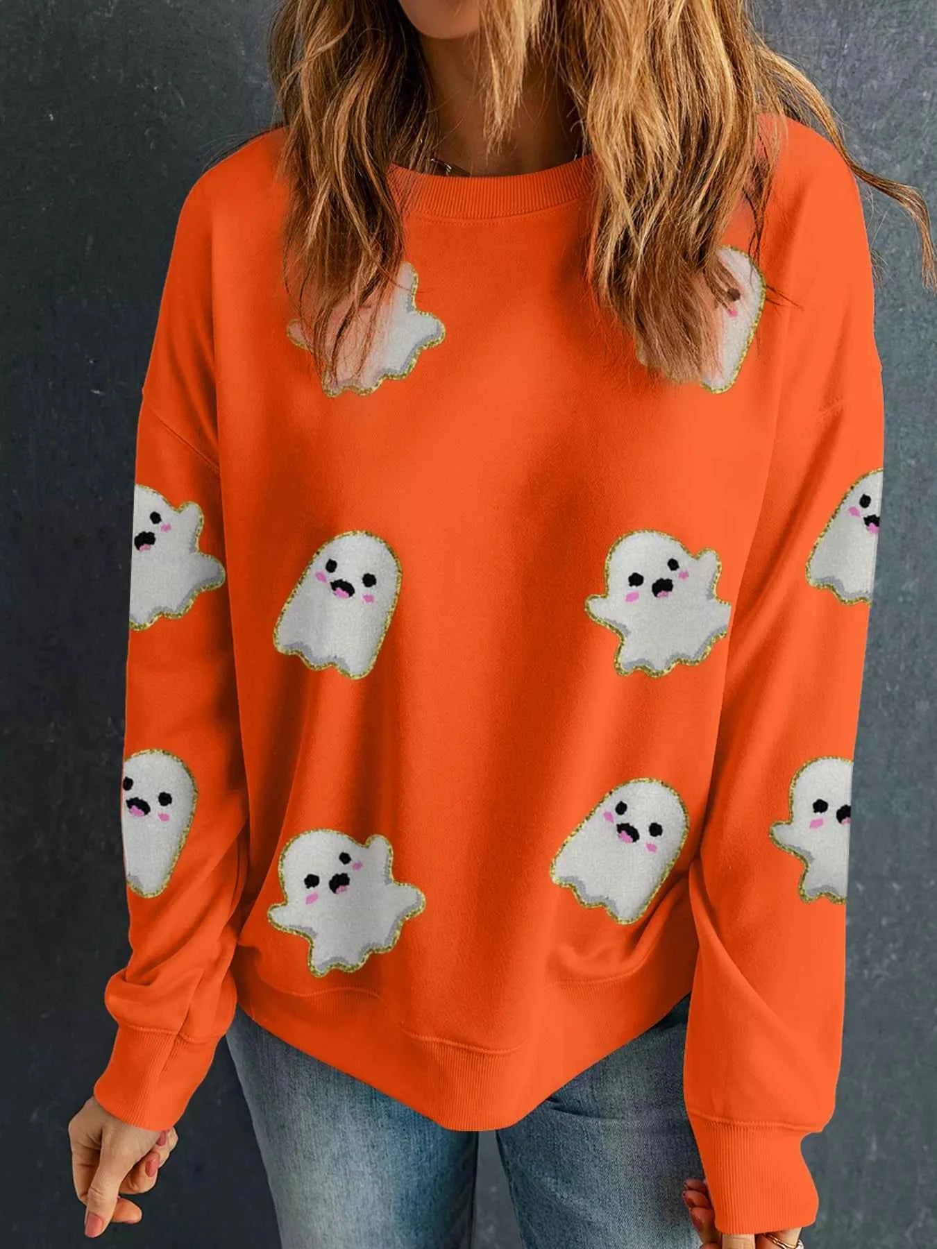 Halloween Ghost Patched Pattern Holiday Sweatshirt Orange f9e877e7386d40e3b2ad3537e55427d9-Max-Origin