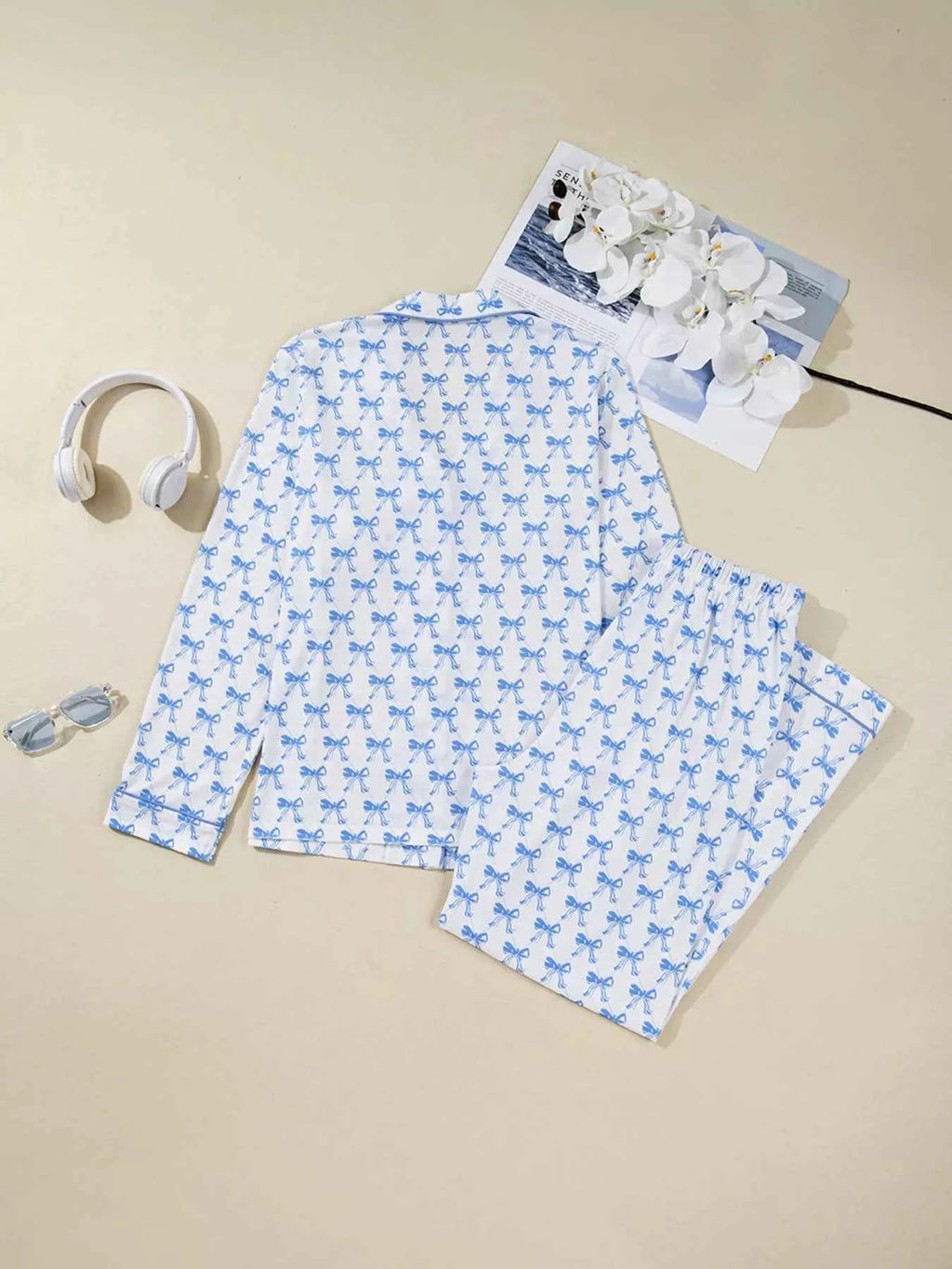 Bow Print Long Sleeve Shirt and Pants Pajama Set f9e8f68109a041b880caa1baac5f77f1-Max-Origin
