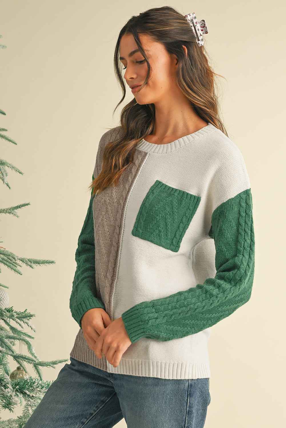 Vineyard Green Colorblock Pocket Drop Shoulder Sweater f9e9c2e194c7d2fc