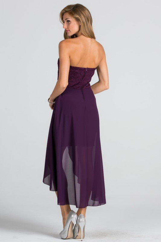 Women’s Strapless Chiffon High-Low Dress – Lace Bodice Open Back Cocktail Dress Eggplant f9f11c8e-737e-4f54-877d-04e6313f6981