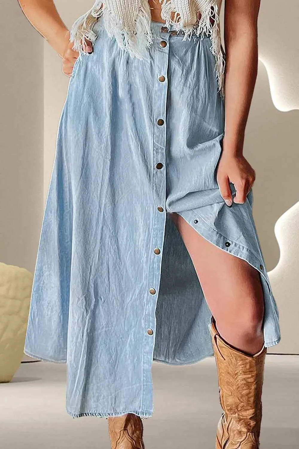 Snap Down High Waist Denim Skirt Light f9f25110-e3ae-45db-9aab-f5fbdfcd2f35-Max