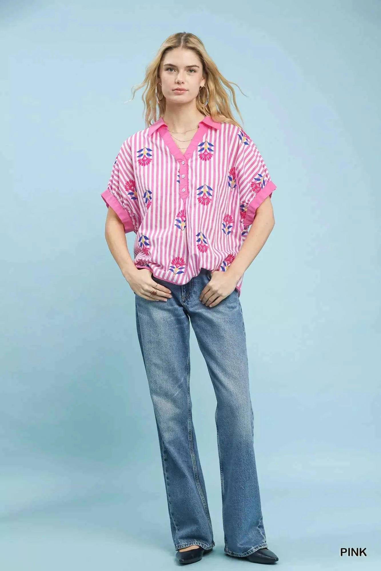 Umgee Stripe Embroidered Button-Front Boho Blouse f9f56301-9919-4cd4-9ebc-1b8f774effe1-Max-Origin
