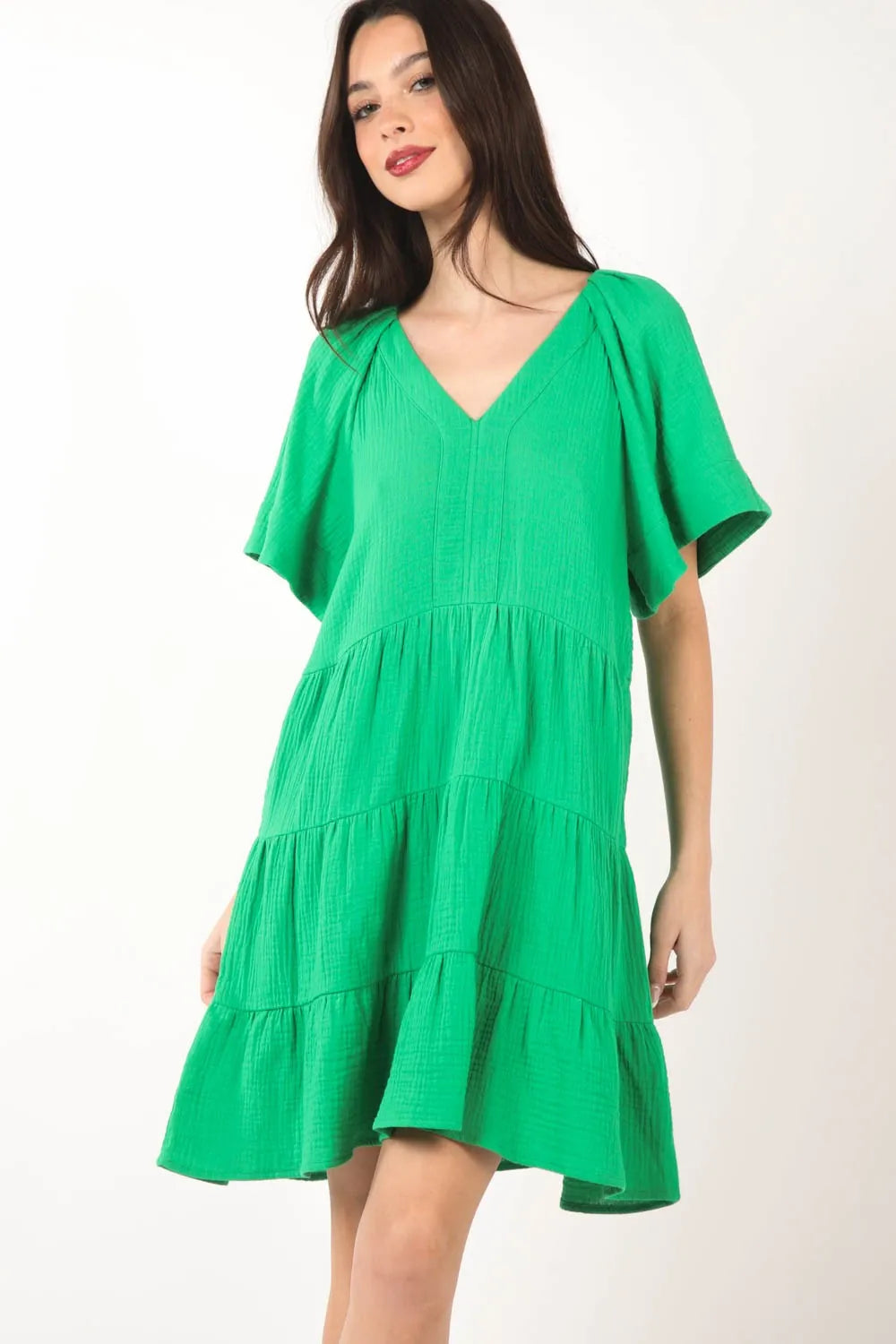 VERY J Texture V-Neck Ruffled Tiered Dress Green f9f647d8-55fb-4c7d-a0fd-129111f0041a-Max
