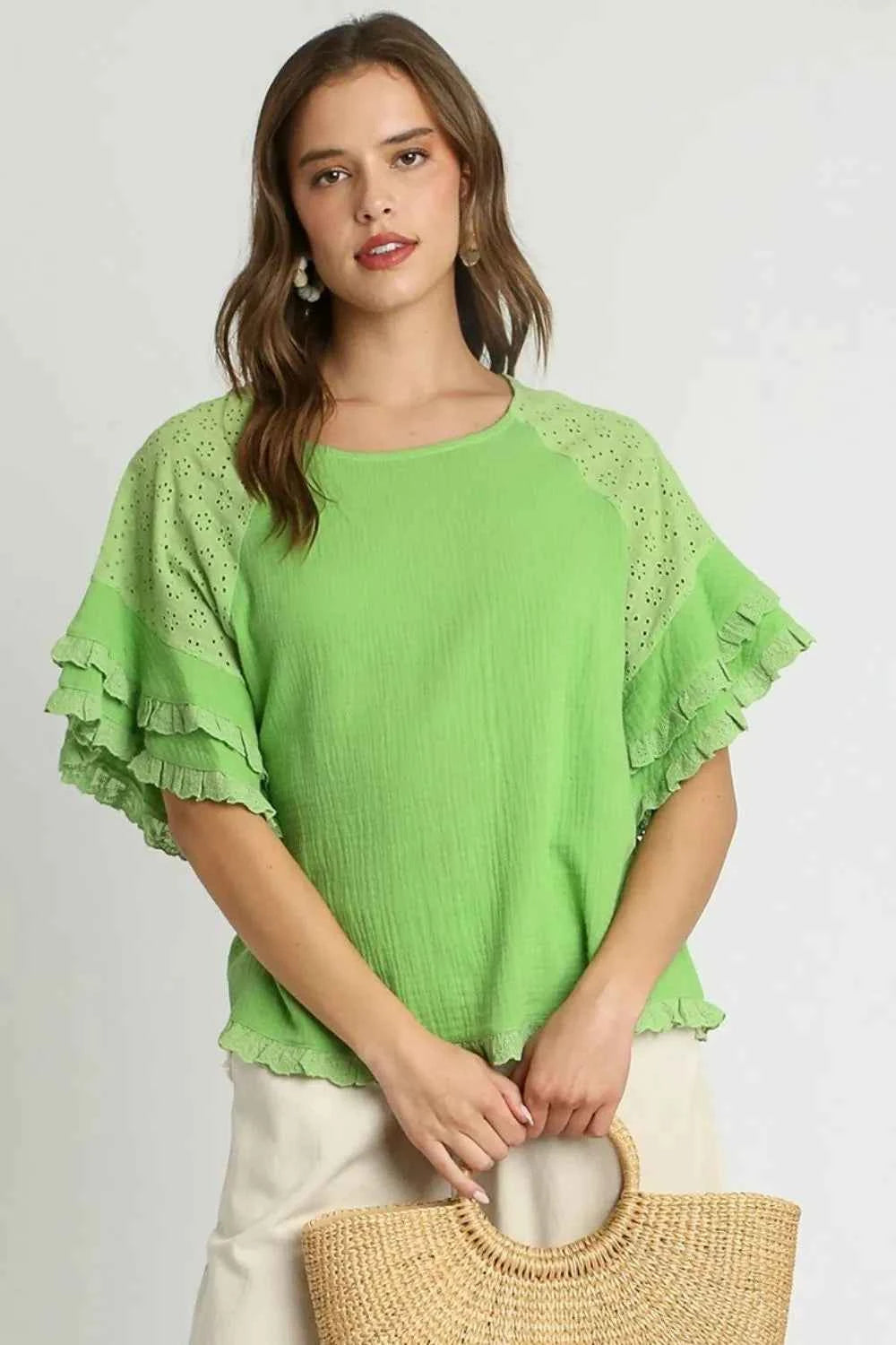 Umgee Full Size Cotton Gauze Round Neck Ruffle Eyelet Layered Sleeve Blouse Plus Size f9f86ae1-3072-488f-890e-dc64d6eaa2bb-Max