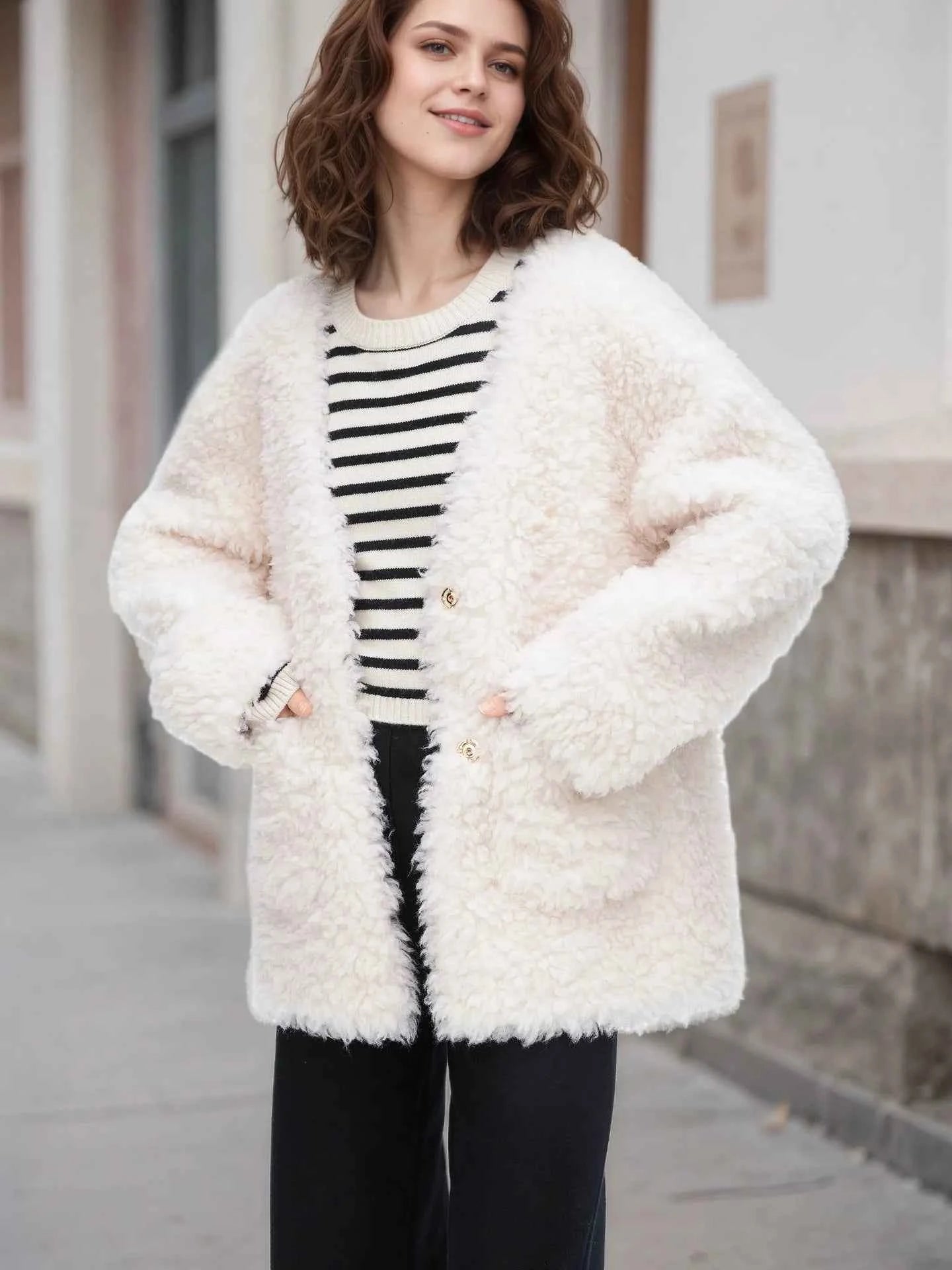 Fleece Button Up Long Sleeve Outerwear Off-white f9fb8c9c3f8347acbd049d7efc4889ba-Max-Origin