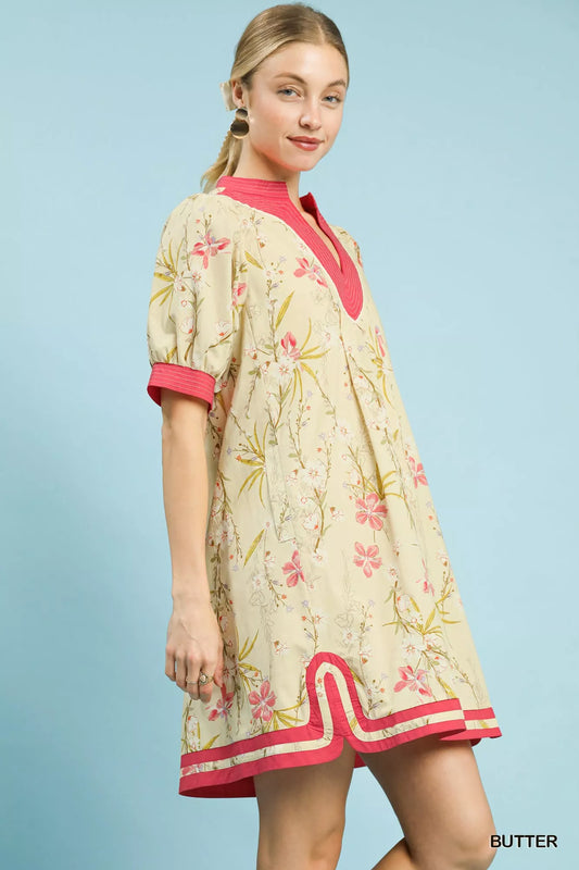 Floral Puff Sleeve Dress with Contrast Trim f9ffd796-c3e6-4ad0-8f8b-37eac4d84a50-Max-Origin