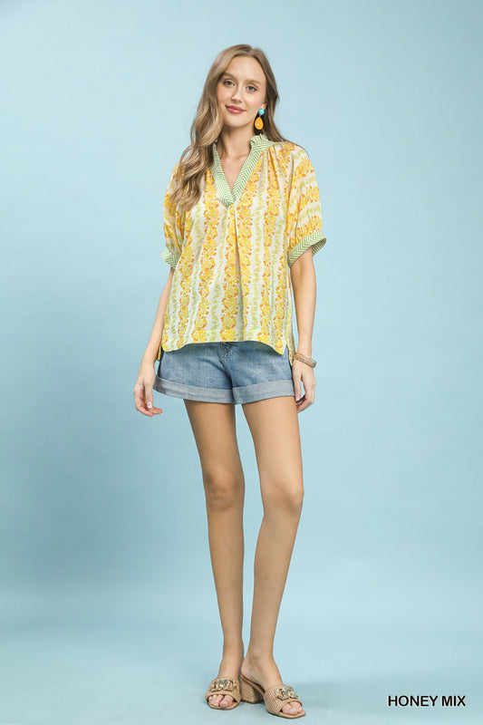 Mix Print Boho Blouse with Contrast Trim fa01a110-3bfd-42d8-ac07-a7ed76eafd0a-Max