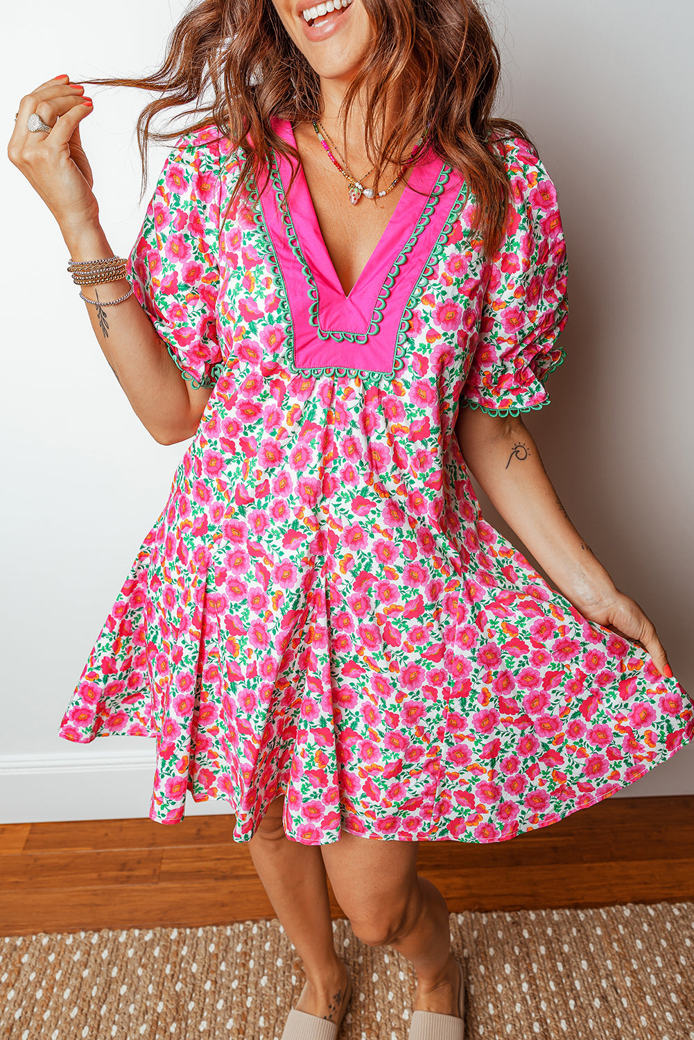 Pink Floral Print V Neck Patchwork Short Bubble Sleeve Mini Dress fa028f6650457bac