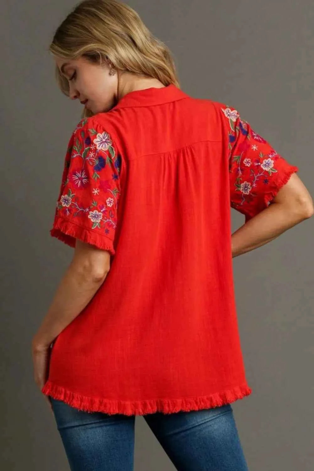 Umgee Full Size Linen Shirt with Embroidered Sleeves Plus Size fa08799c-023e-45a8-ad7a-04eb22037f21-Max