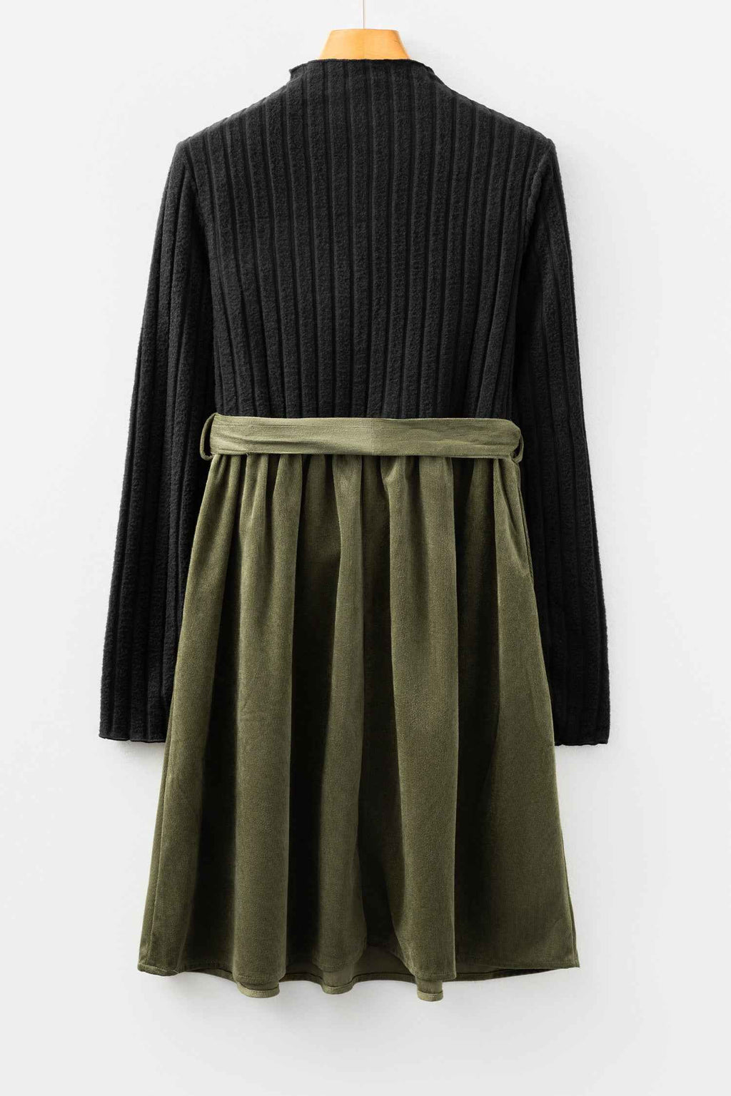 Black Ribbed Knit Slim Bodice Contrast Flared Skirt Patchwork Belted Dress fa0a2769f282daa3