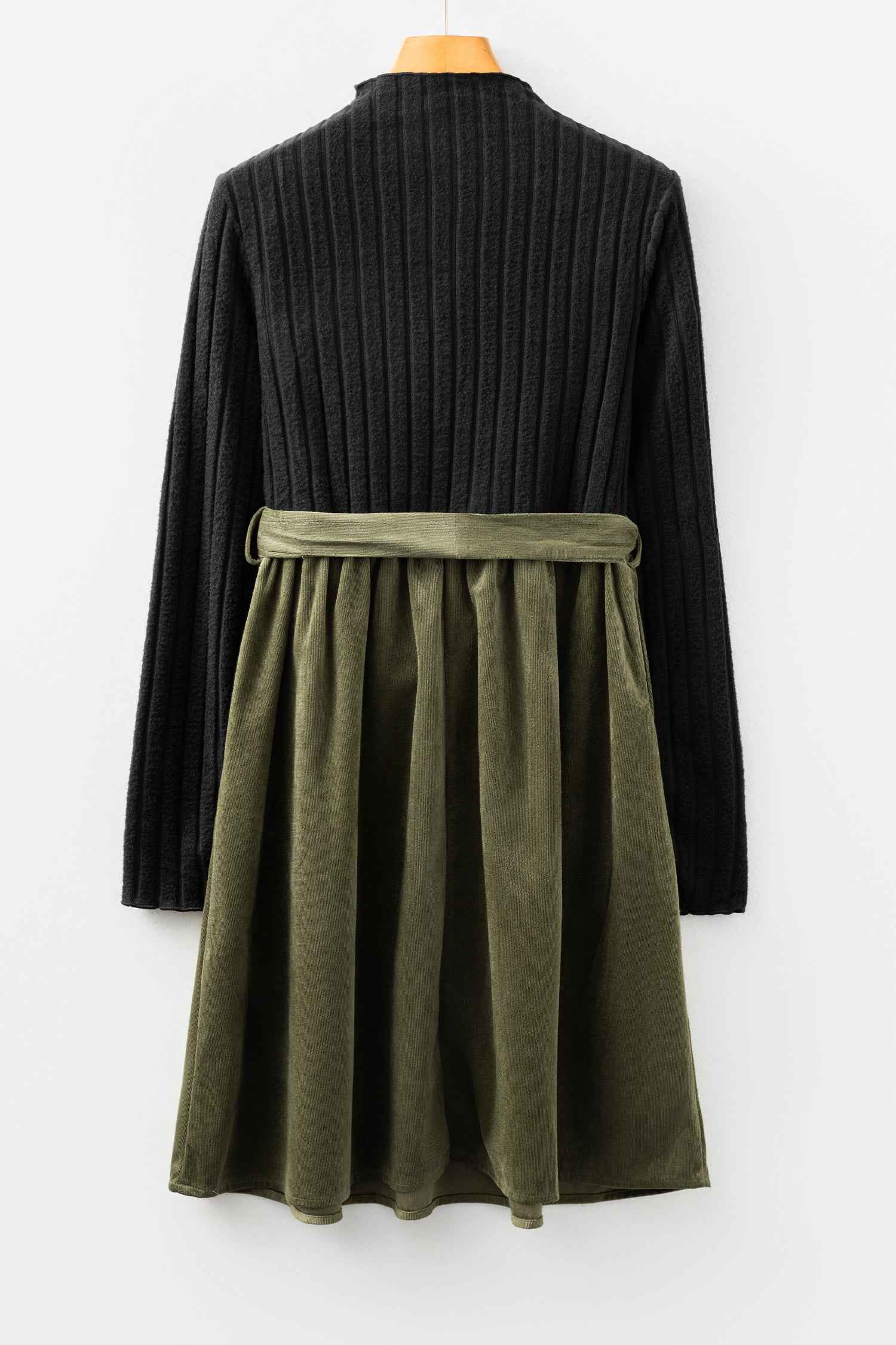 Black Ribbed Knit Slim Bodice Contrast Flared Skirt Patchwork Belted Dress fa0a2769f282daa3