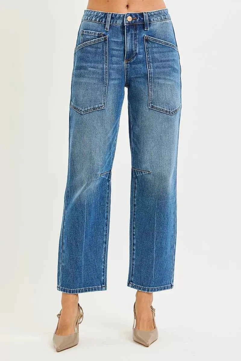 RISEN 4 Way Stretch Mid Rise Barrel Jeans with Patch Pocket Detail DARK fa0a9875206542aa9be27ba488b3806c-Max-Origin