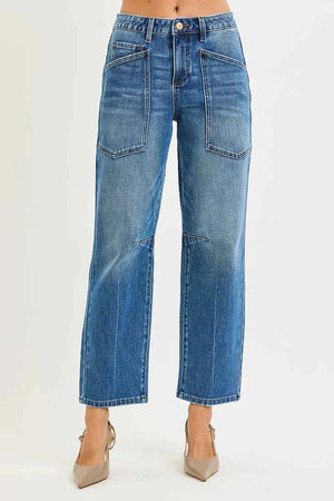 4 Way Stretch Mid Rise Barrel Jeans with Patch Pocket Detail DARK fa0a9875206542aa9be27ba488b3806c-Max-Origin