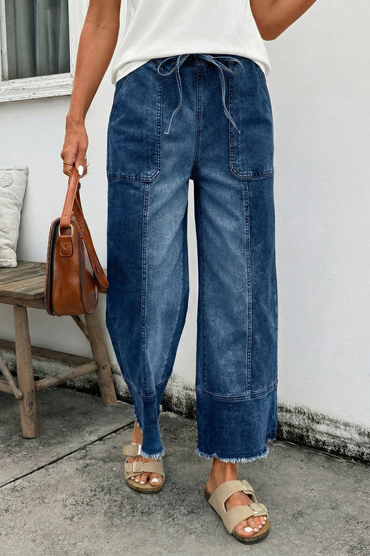 Prussian Blue Drawstring Seam Detail Raw Hem Wide Leg Denim Pants fa0f695c7c2c7613