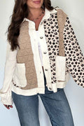 Khaki Leopard Waffle Quilted Patchwork Button Front Jacket Khaki 60%Cotton+40%Polyester fa13b80e94df1055