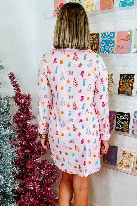 Pink Christmas Twinkle Tree Print Casual Shirt Sleep Dress fa1d28a02457b066